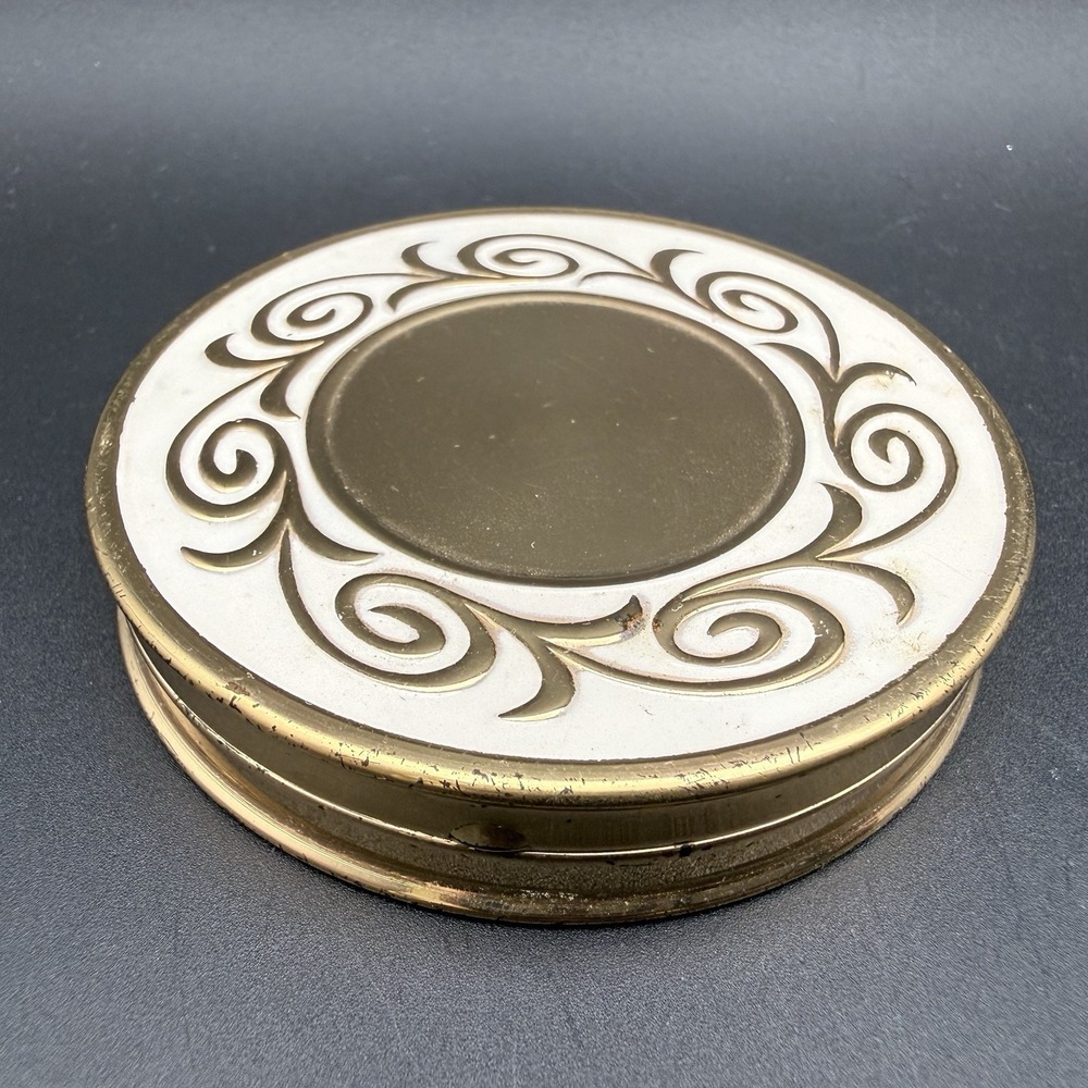 Vintage Max Factor Creme Puff Compact Mirror White Enamel Gold Tone Makeup Case
